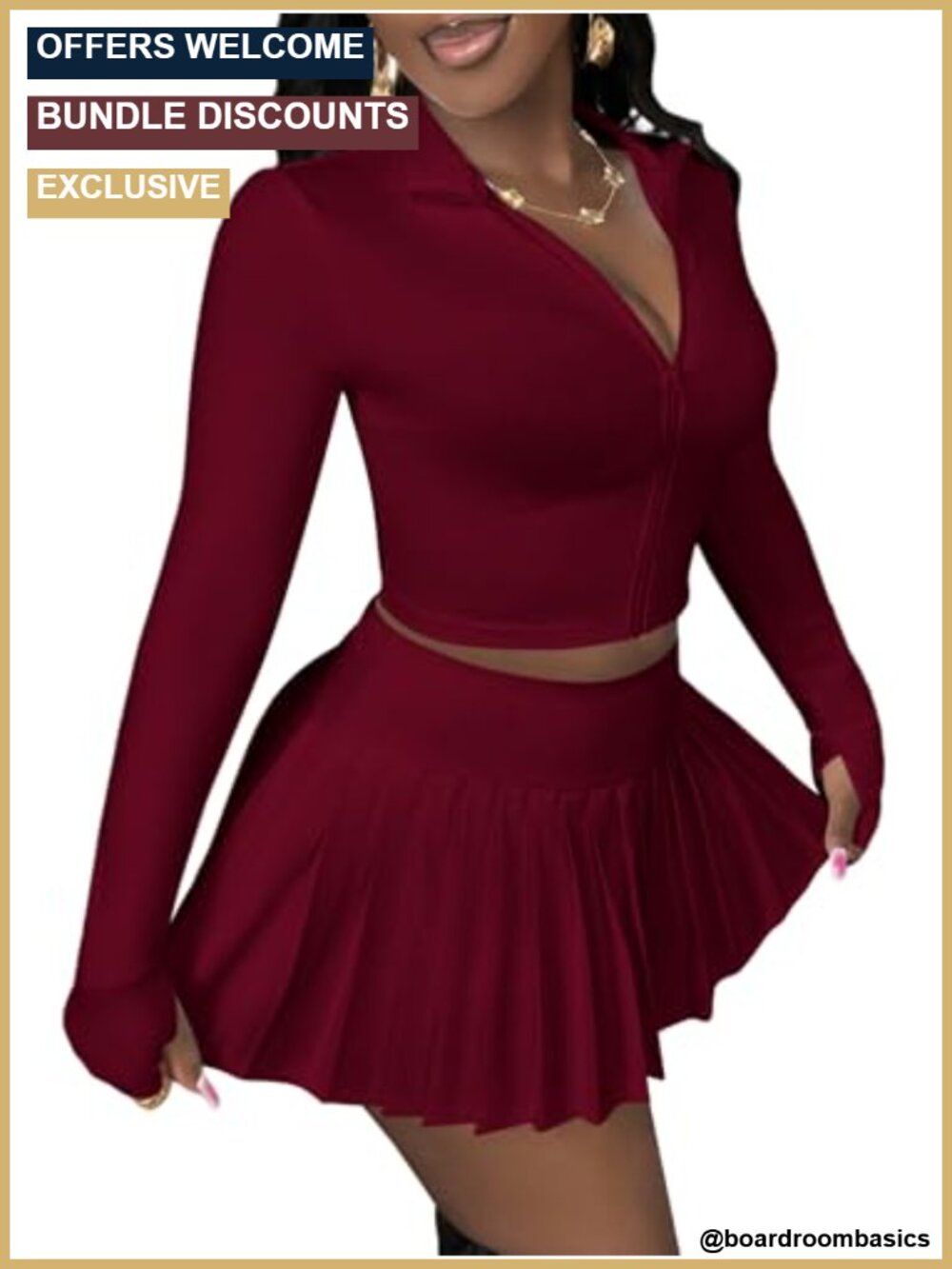 SOLY HUX 2 Piece Tennis Skirt Set Long Sleeve Crop Top Pleated Mini Skorts